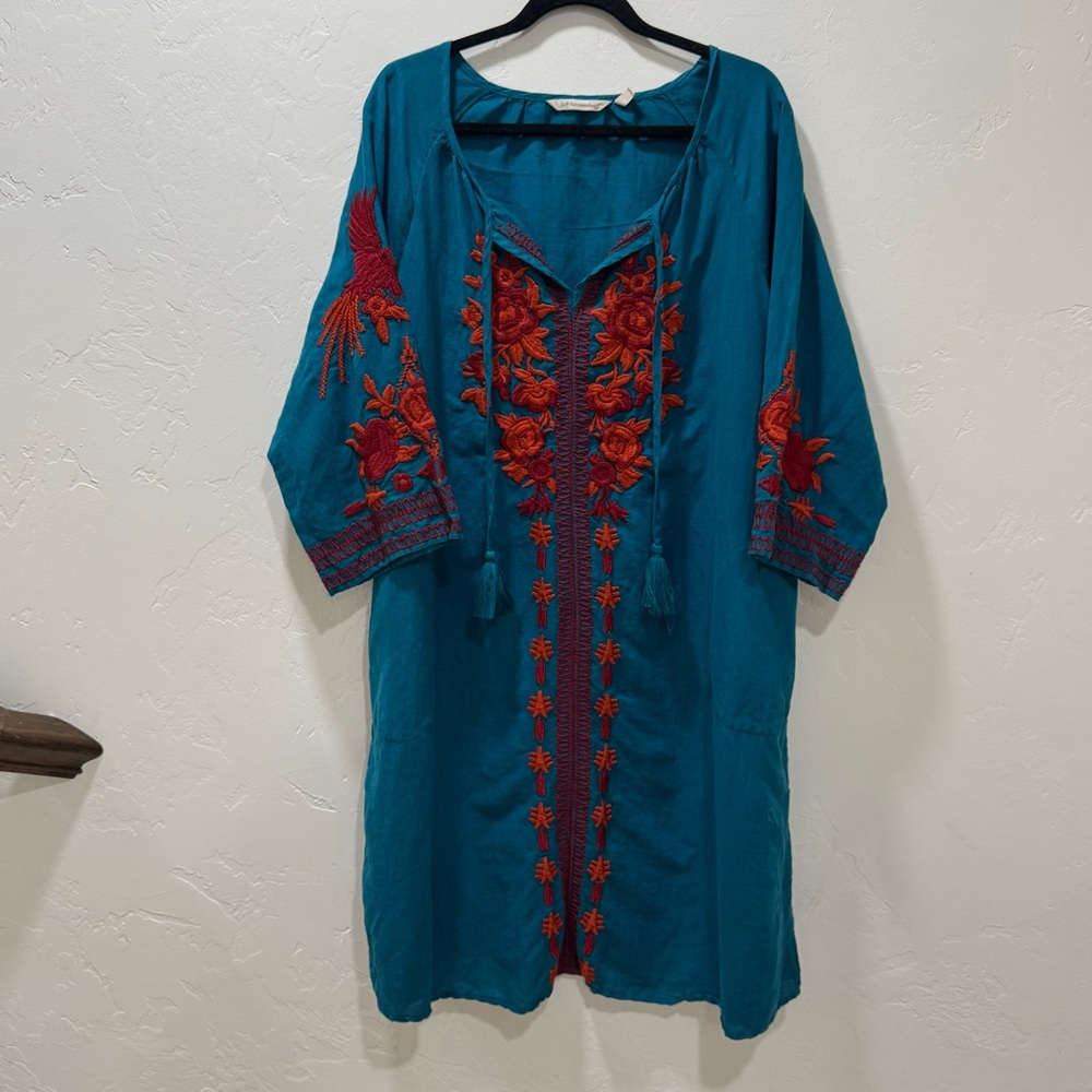 Soft Surrounding Women's 1X Cotton Linen Embroidered Tunic Dress Teal Orange - Picture 2 of 14